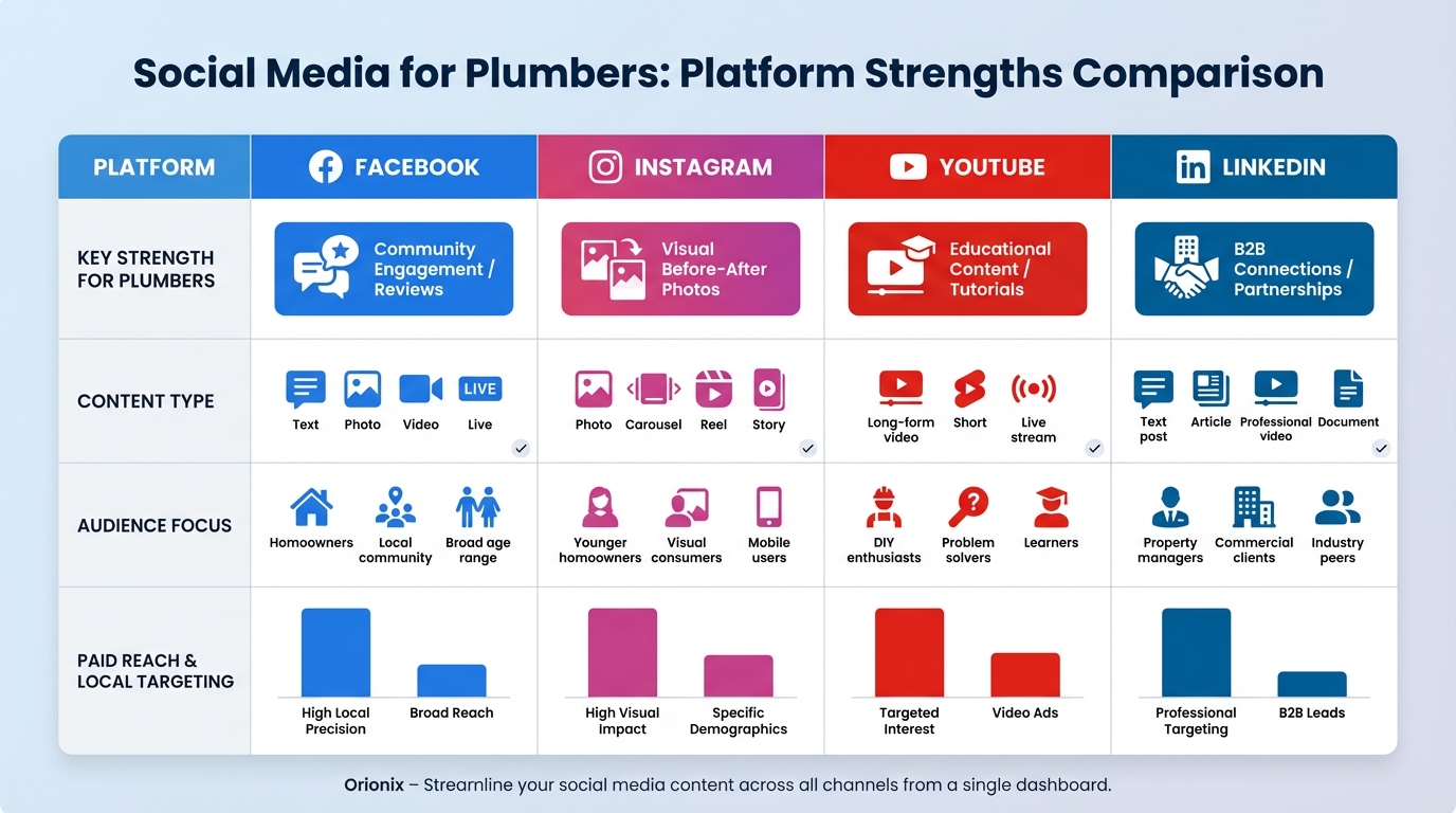 Comparison table showing Facebook vs Instagram vs YouTube vs LinkedIn with their key strengths for plumbers (e.g., Facebook: community engagement/reviews, Instagram: visual before-after photos, YouTube: educational content, LinkedIn: B2B connections)