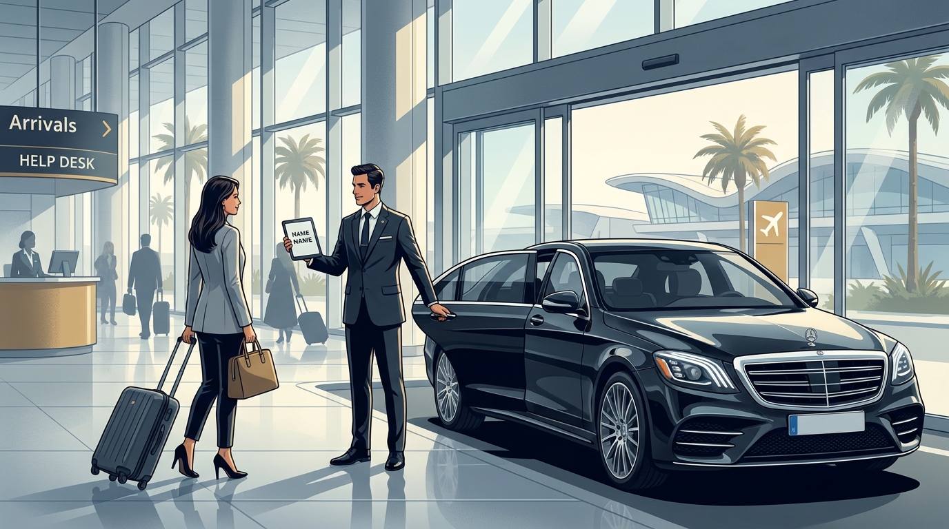 Illustration or photo depicting a professional chauffeur greeting a traveller at the airport arrivals hall with a luxury vehicle, showing the door-to-door VIP meet-and-greet concept