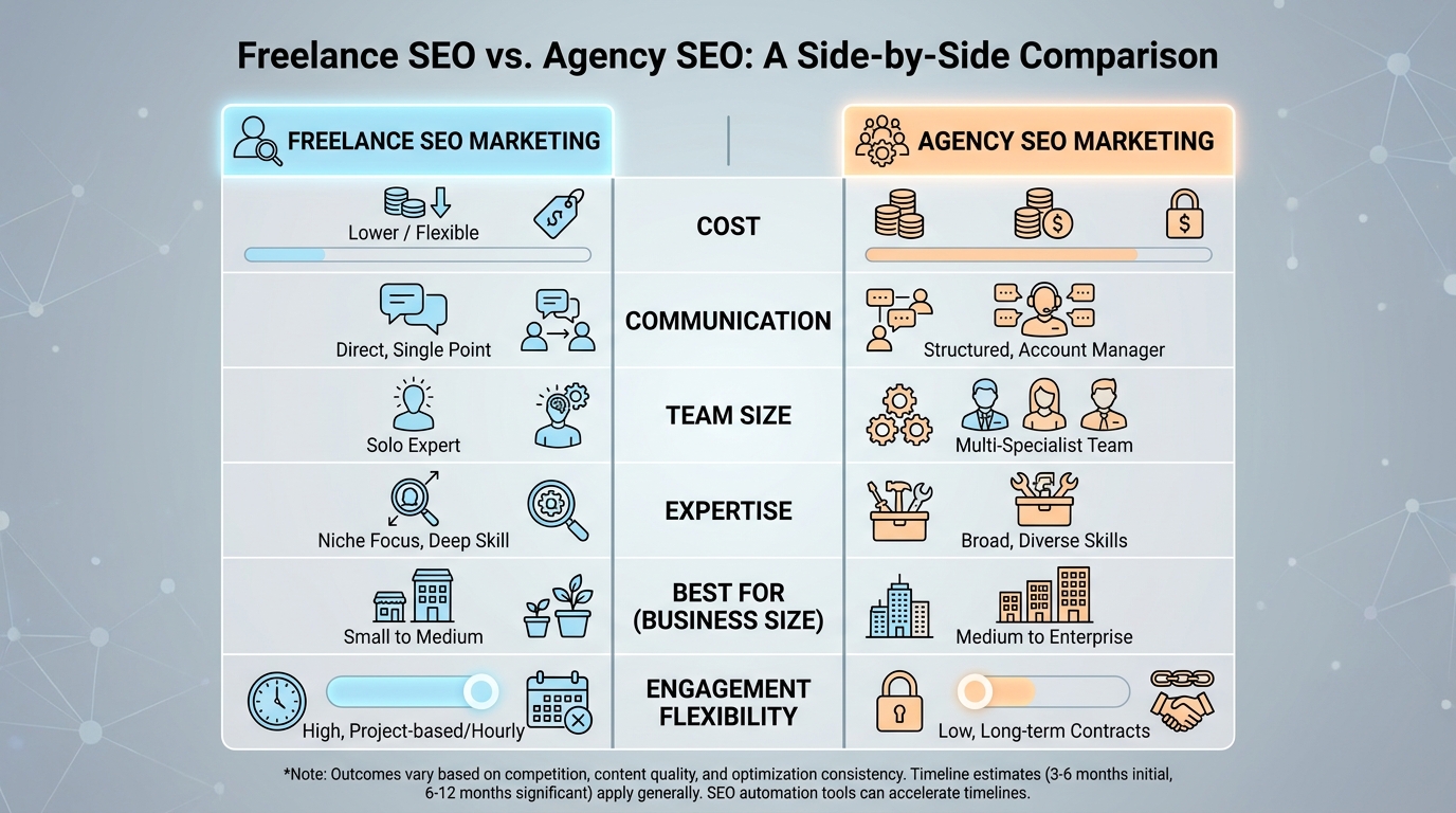 Side-by-side comparison table showing Freelance SEO vs Agency SEO across key factors: cost, communication, team size, expertise, best for (business size), and engagement flexibility