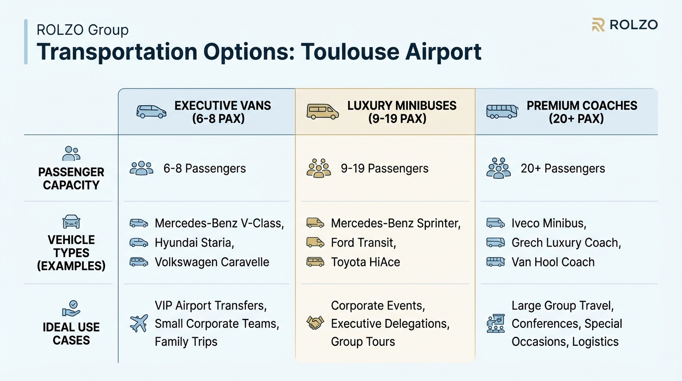 Comparison table showing group transportation options with passenger capacity (6-20+), vehicle types (Mercedes Sprinter, V-Class, Toyota HiAce, etc.), and use cases (corporate events, family trips, VIP transfers)