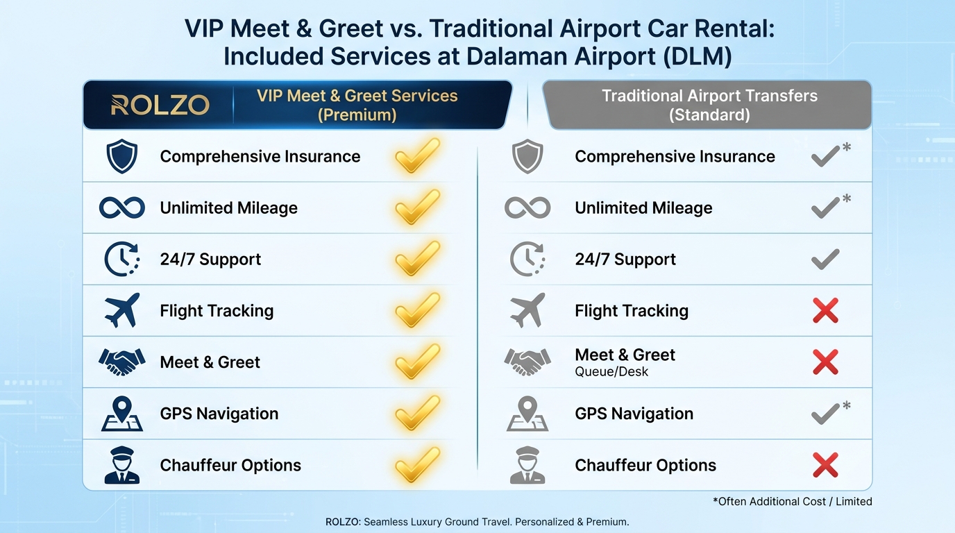 Infographic or visual checklist showing included services: comprehensive insurance icon, unlimited mileage icon, 24/7 support icon, flight tracking icon, meet-and-greet icon, GPS navigation icon, and chauffeur options