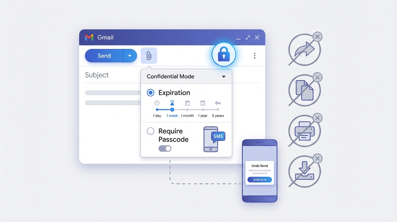 Visual diagram showing Gmail Confidential Mode interface with the lock icon highlighted in compose window, expiration date options (1 day to 5 years timeline), and SMS passcode option, plus icons showing disabled features (no forward, copy, print, download)