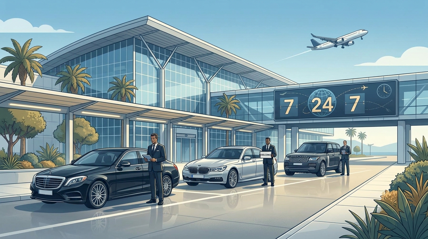Hero image showing luxury vehicles (Mercedes-Benz S-Class, BMW 7 Series, Range Rover) parked at Dalaman Airport terminal with professional chauffeurs, conveying premium service quality