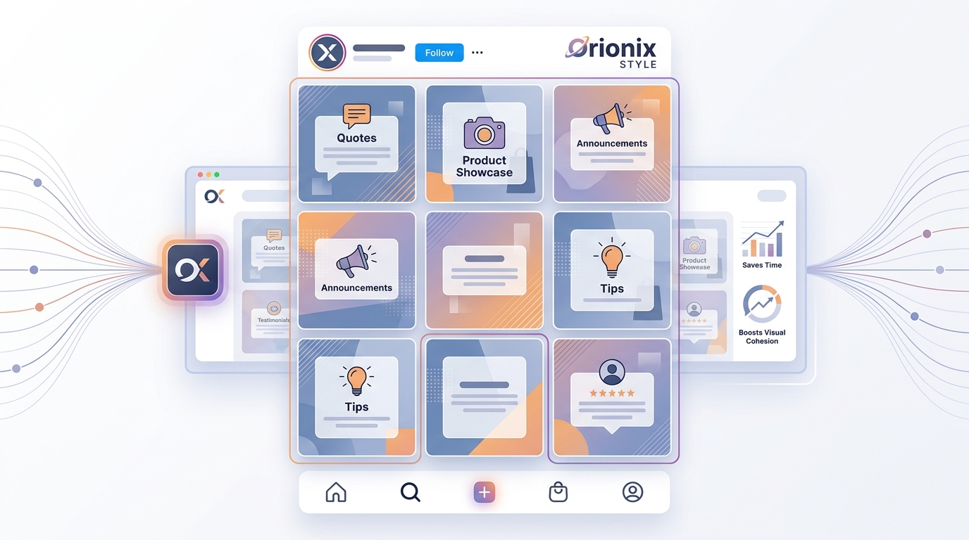 An illustration of an Instagram feed grid showing a cohesive, branded template layout with consistent colors, fonts, and placeholders across multiple posts to demonstrate visual cohesion.