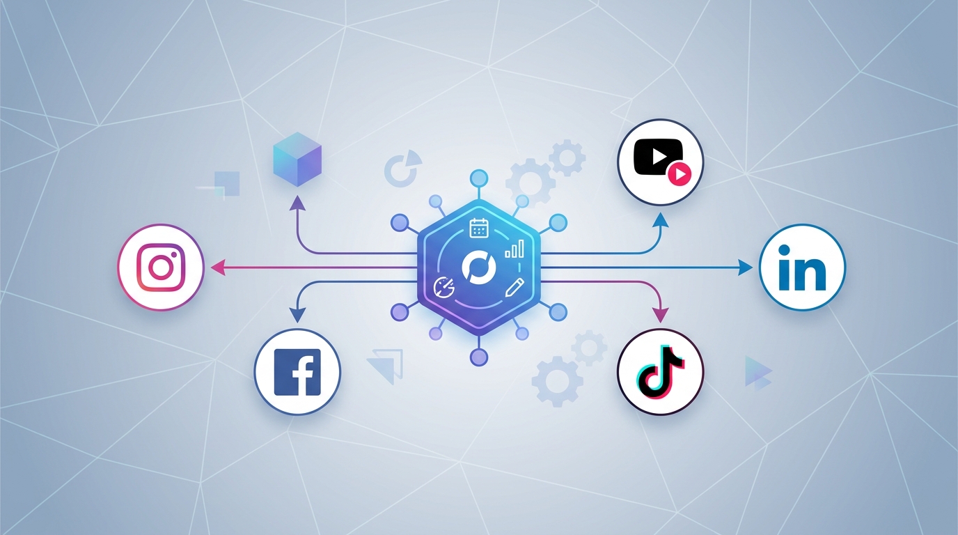 Diagram showing a centralized dashboard (like Orionix) connecting to multiple social networks (Instagram, Facebook, TikTok, LinkedIn) illustrating multi-platform content management workflow