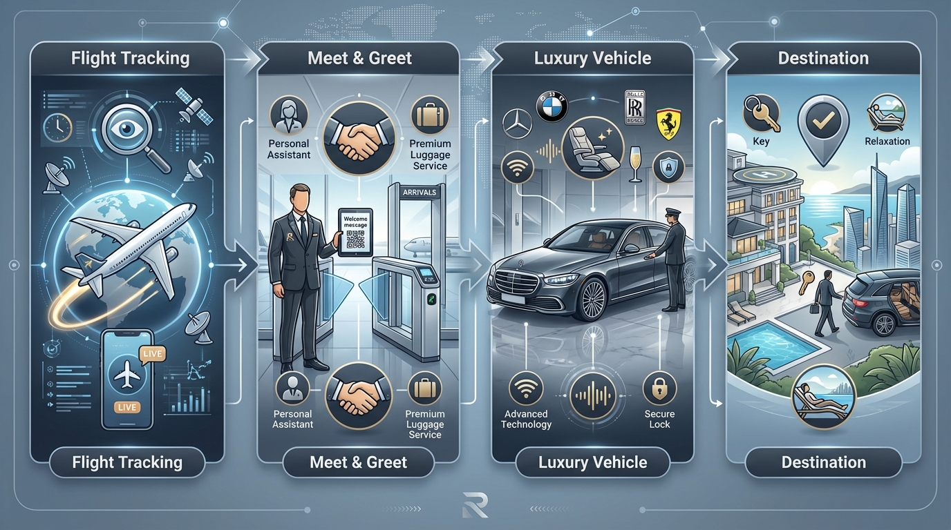 Infographic showing the airport transfer process: flight tracking → meet & greet → luxury vehicle → destination, with icons representing each step
