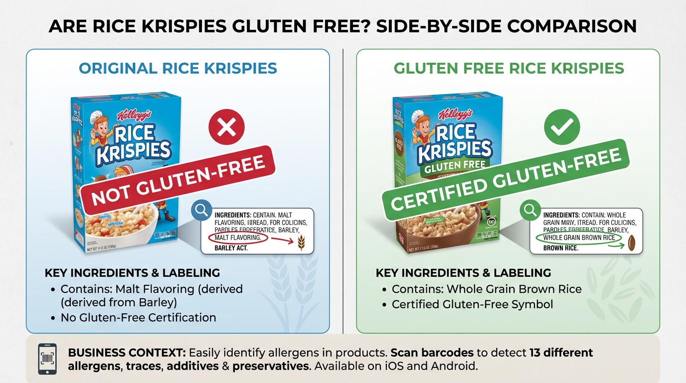 Side-by-side comparison image showing Original Rice Krispies box vs Gluten Free Rice Krispies box, highlighting key differences in packaging, labeling, and ingredients (malt flavoring vs whole grain brown rice)