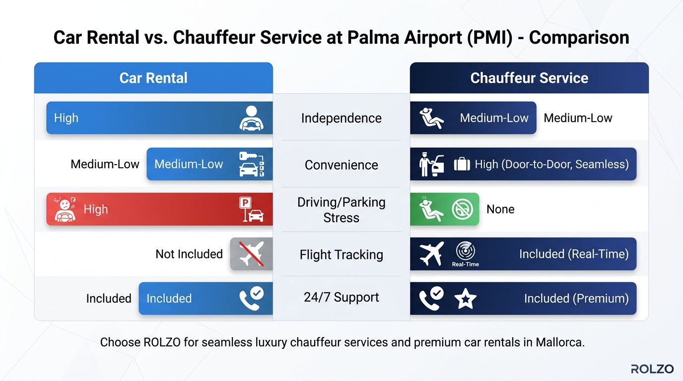 Side-by-side comparison table weighing car rental vs. chauffeur service across factors like independence, convenience, driving/parking stress, flight tracking, and 24/7 support