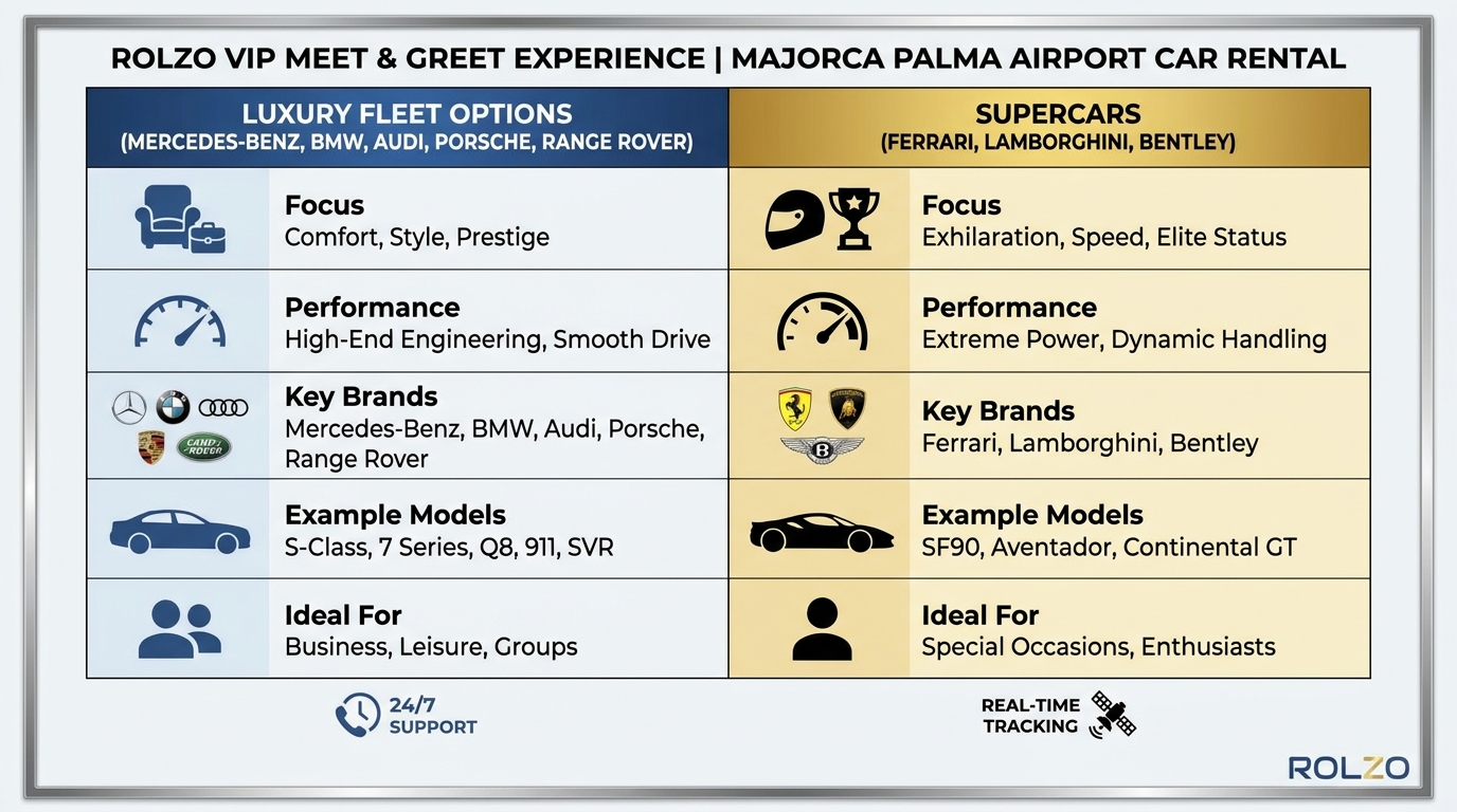 Visual comparison chart or infographic showing the luxury fleet options (Mercedes-Benz, BMW, Audi, Porsche, Range Rover) and supercars (Ferrari, Lamborghini, Bentley) available through ROLZO with key features of each brand tier