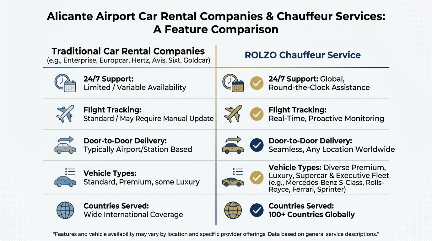 Comparison table listing traditional car rental companies (Enterprise, Europcar, Hertz, Avis, Sixt, Goldcar) versus ROLZO chauffeur service across features like flight tracking, 24/7 support, door-to-door delivery, vehicle types, and countries served.
