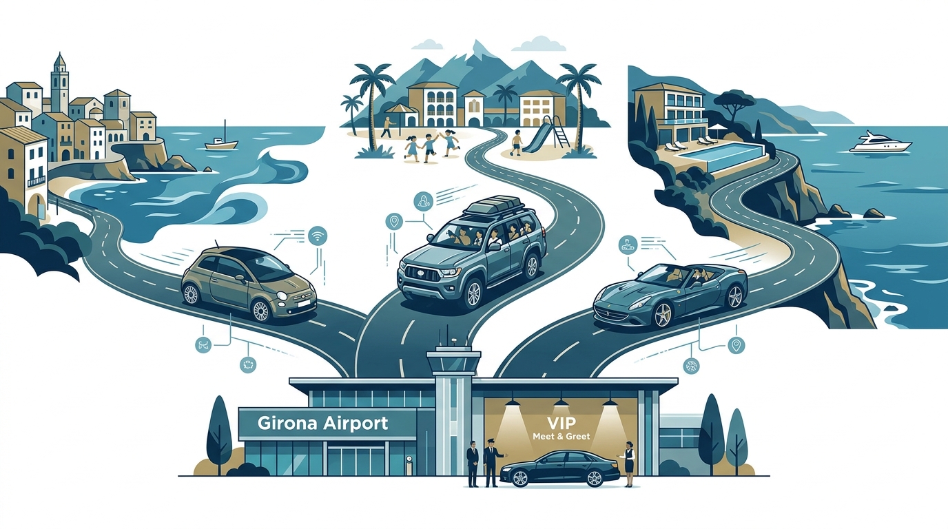 Illustration showing different vehicle types matched to traveller needs: compact for coastal towns, SUV for families, luxury vehicle for premium experience along the Costa Brava coastline