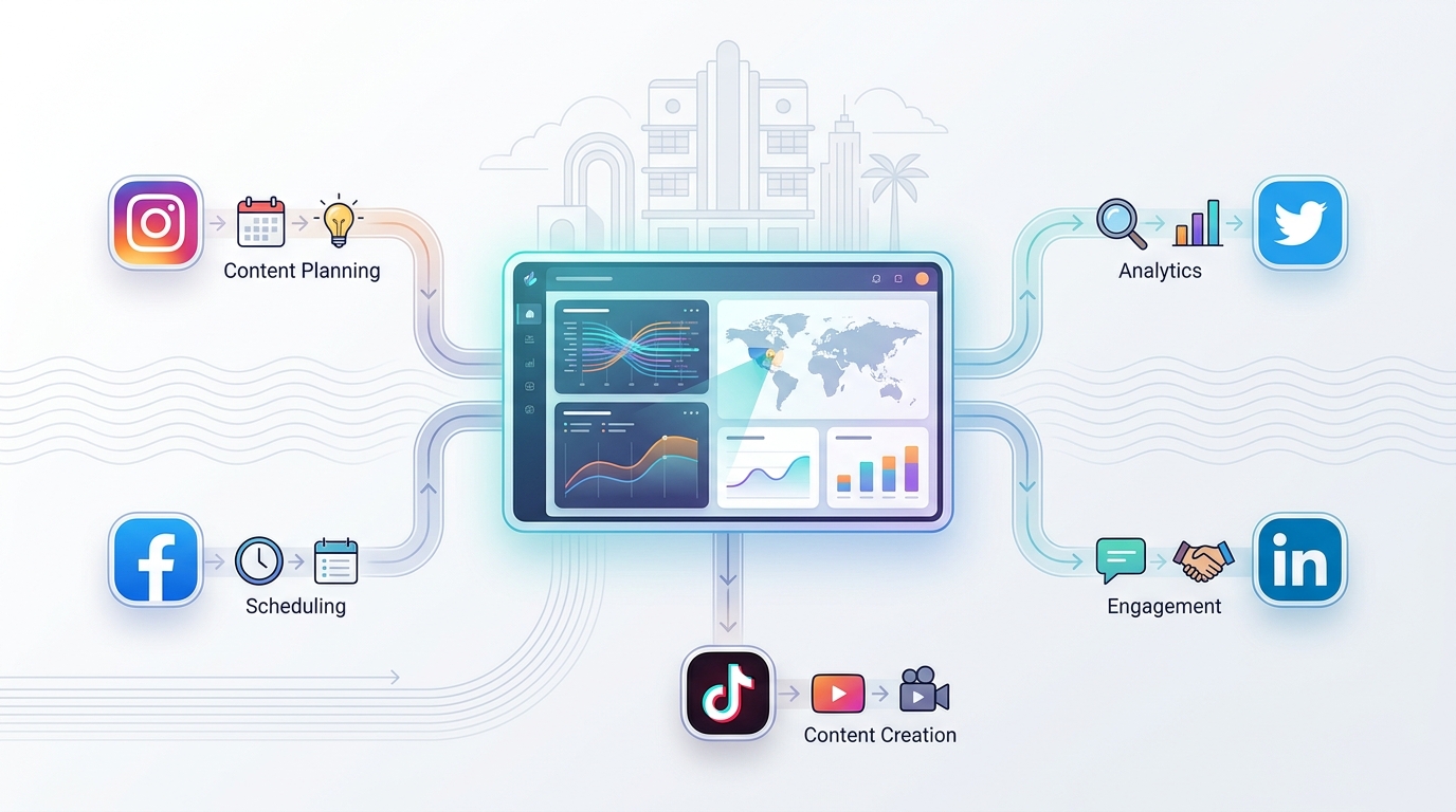 Diagram illustrating a centralized dashboard connecting to multiple social media platforms (Instagram, Facebook, Twitter, LinkedIn, TikTok) with workflow arrows showing content planning, scheduling, and analytics