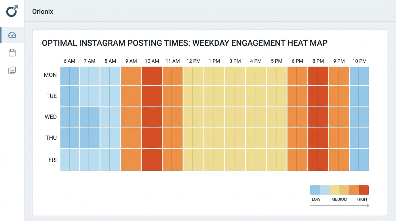 Visual timeline/heat map showing optimal Instagram posting times: 9-11 AM and 6-9 PM on weekdays, with color-coded engagement levels throughout the day