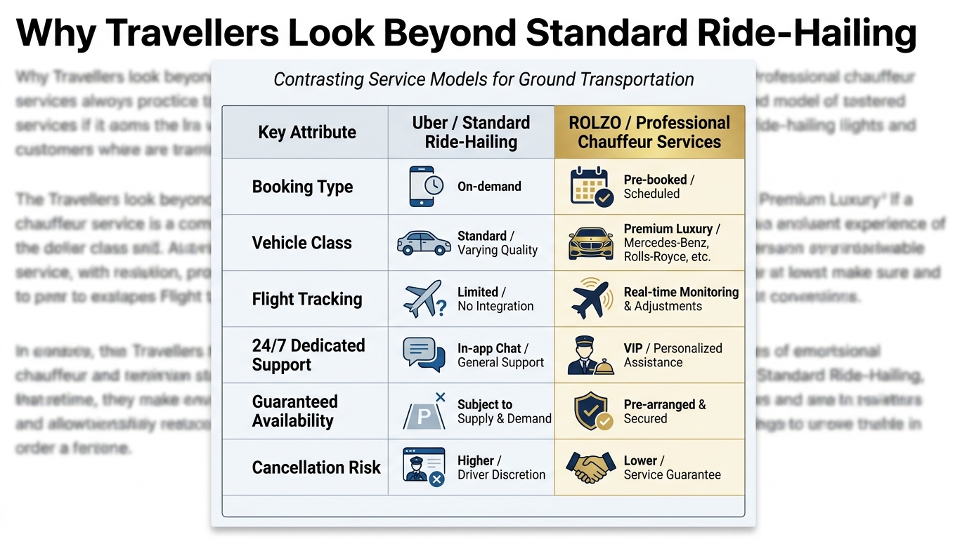 Side-by-side comparison table contrasting Uber/standard ride-hailing versus professional chauffeur services (ROLZO) across key attributes: booking type (on-demand vs pre-booked), vehicle class (standard vs Mercedes-Benz/Rolls-Royce), flight tracking, 24/7 dedicated support, guaranteed availability, and cancellation risk.