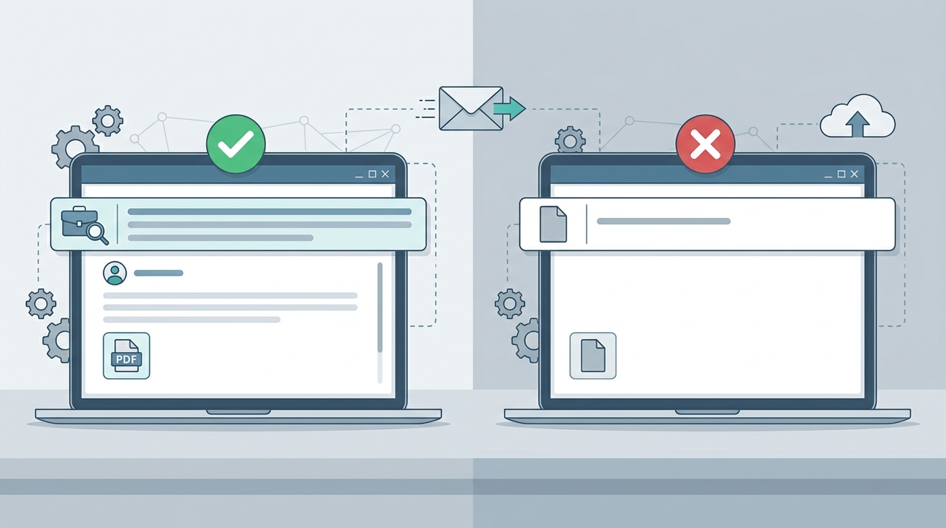 Visual examples showing good vs bad email subject lines with checkmarks and X marks - examples like 'Marketing Manager Application - John Smith' (good) vs 'Resume' (bad)
