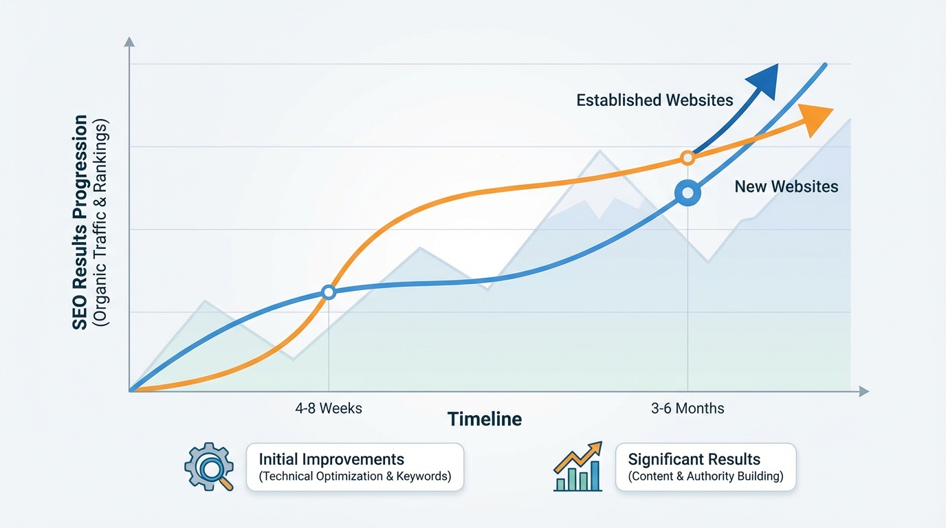 Timeline infographic or line graph showing SEO results progression: 4-8 weeks (initial improvements), 3-6 months (significant results), with comparison between new vs established websites