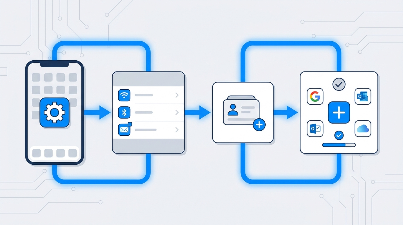 Step-by-step visual diagram showing the iPhone settings navigation path: Settings icon → Mail → Accounts → Add Account, with screenshots or simplified UI mockups of each screen