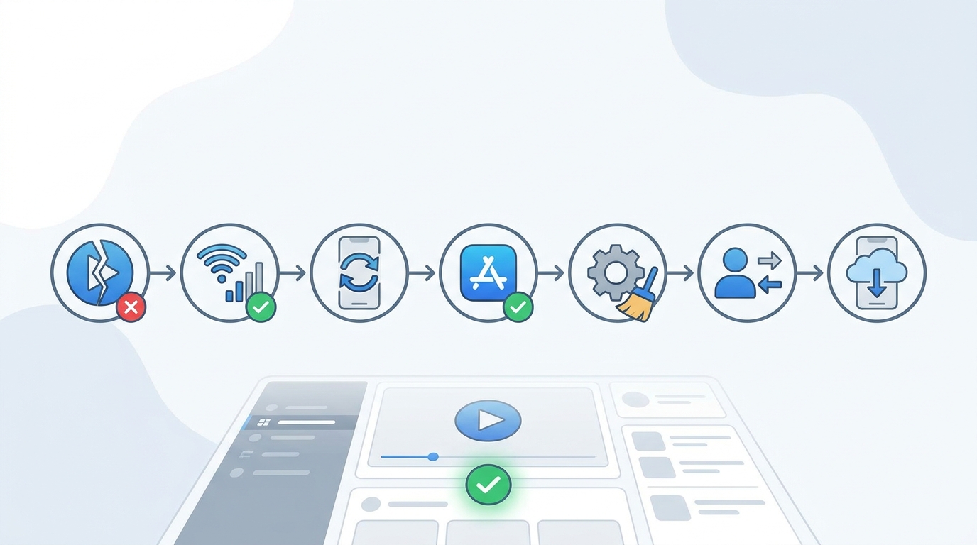 Step-by-step troubleshooting flowchart showing the process to fix the error: check internet → restart app → update app → clear cache → log out/in → reinstall app