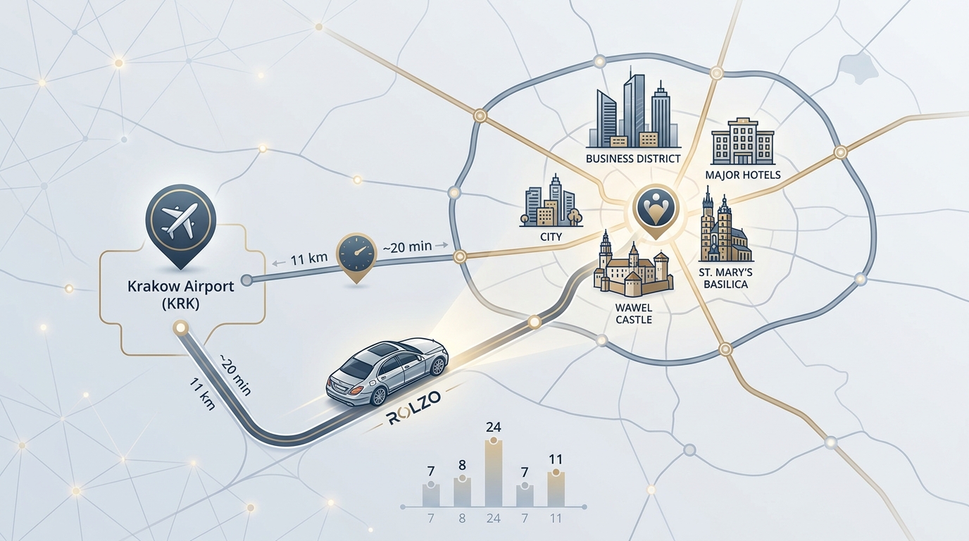 Map illustration showing Krakow Airport location relative to city centre, major hotels, business districts, and key tourist attractions with distance markers and route indicators