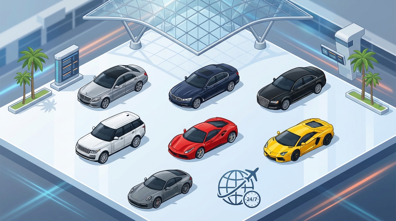 Visual showcase grid featuring luxury vehicle categories available: Mercedes-Benz S-Class, BMW 7 Series, Audi A8, Range Rover, and exotic supercars (Ferrari, Lamborghini, Porsche)