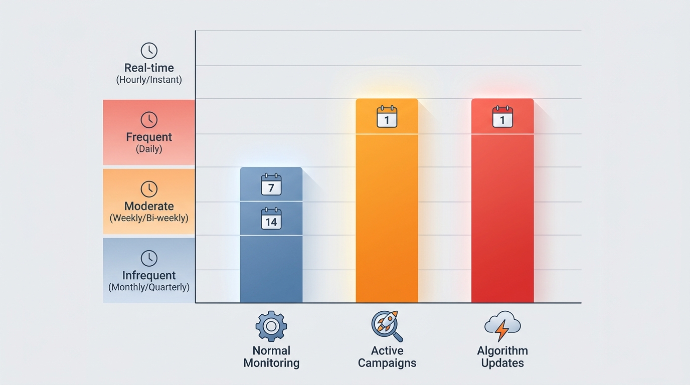 Timeline or frequency chart showing recommended rank checking schedules for different scenarios (normal monitoring: weekly/bi-weekly, active campaigns: daily, algorithm updates: daily)