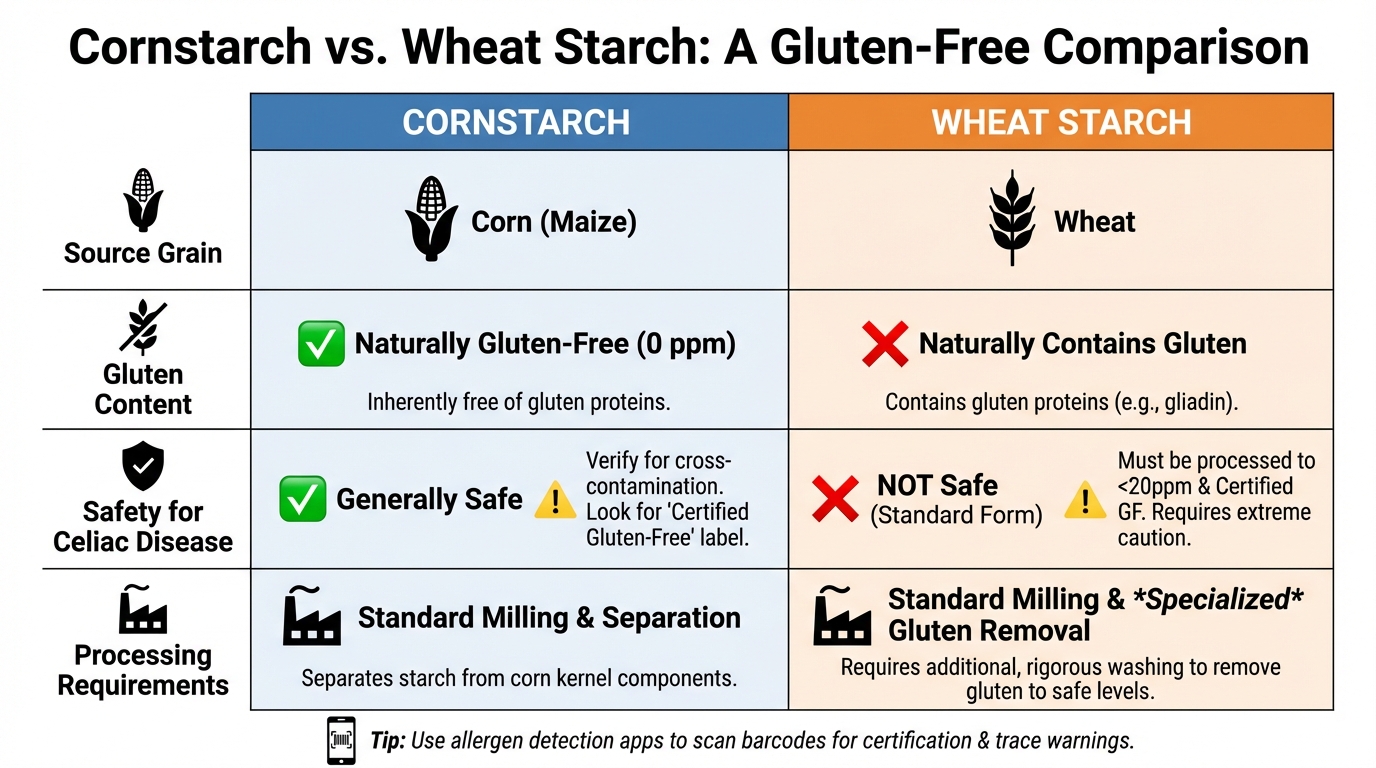 Side-by-side comparison table showing cornstarch vs wheat starch: source grain, gluten content, safety for celiac disease, and processing requirements