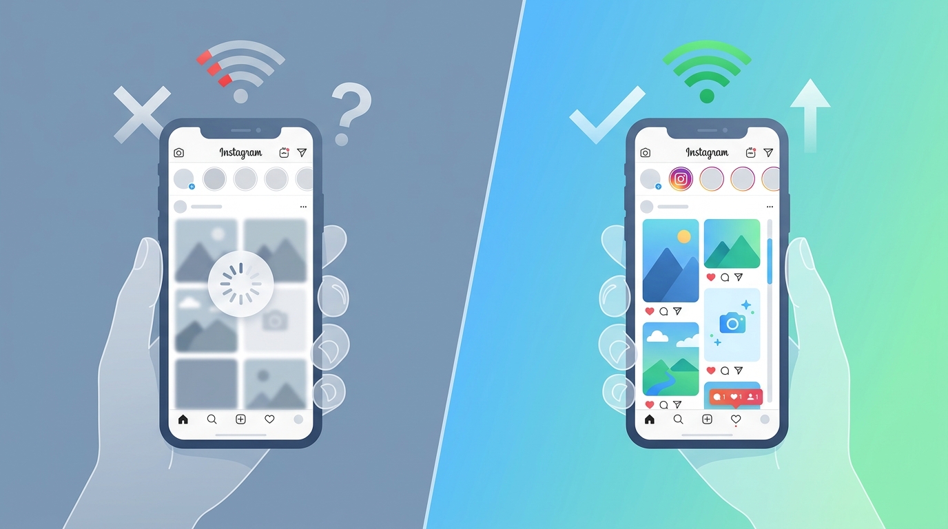 Split-screen comparison illustration showing a phone with weak WiFi signal bars and frozen Instagram feed on one side, versus strong signal bars with refreshed feed on the other side