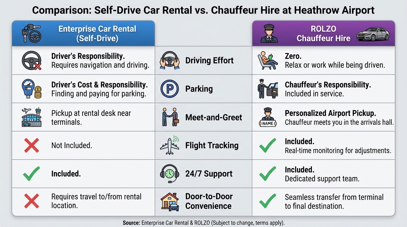 Side-by-side comparison table contrasting self-drive car rental versus chauffeur hire at Heathrow across key attributes: driving effort, parking, meet-and-greet, flight tracking, 24/7 support, and door-to-door convenience