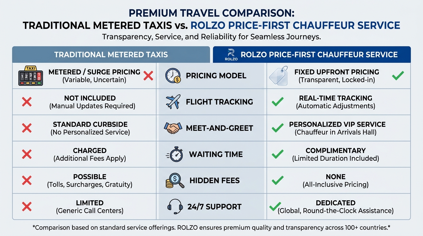 Side-by-side comparison table contrasting traditional metered taxis vs. ROLZO price-first chauffeur service across attributes like pricing model (surge/meter vs. fixed upfront), flight tracking, meet-and-greet, waiting time, hidden fees, and 24/7 support