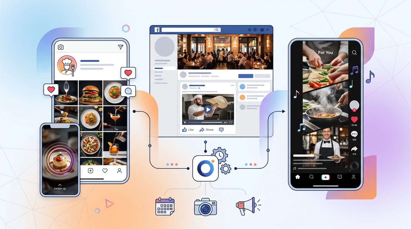 A hero-style illustration or collage showing a restaurant's social media presence across Instagram, Facebook, and TikTok — featuring food photography, story clips, and engagement icons (likes, shares, comments)