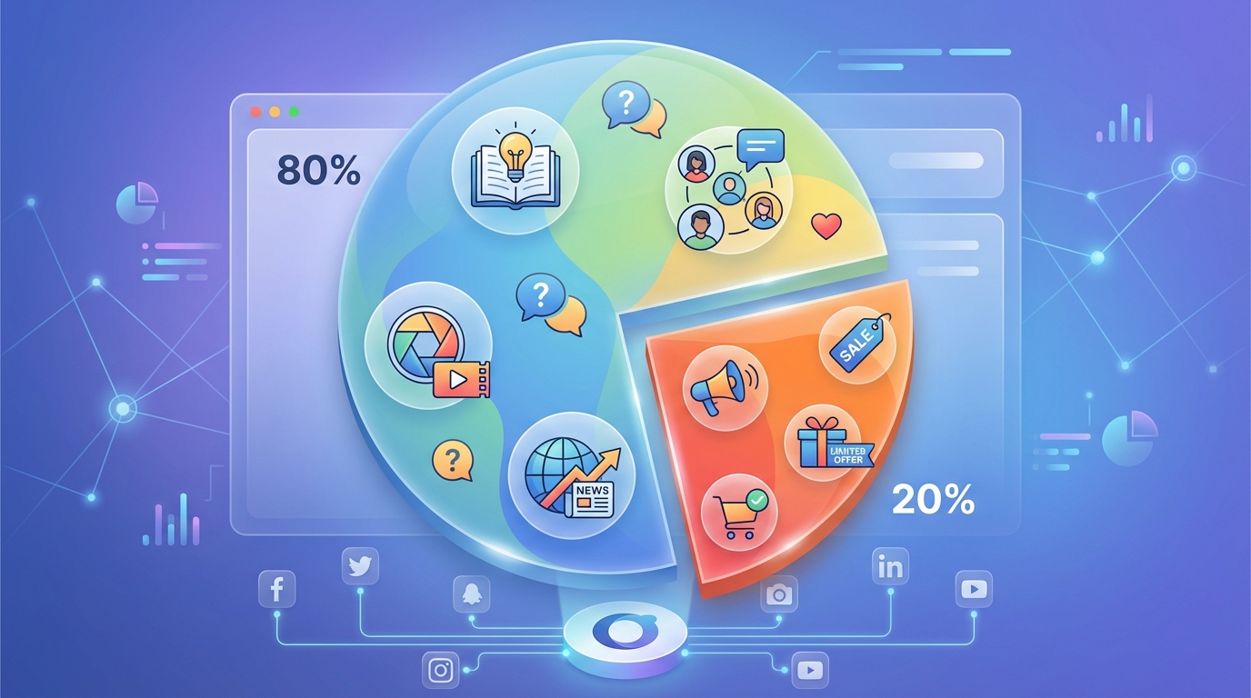 Visual representation of the 80/20 rule showing the balance between value-driven content (80%) and promotional content (20%), possibly as a pie chart or infographic with icons representing different content types