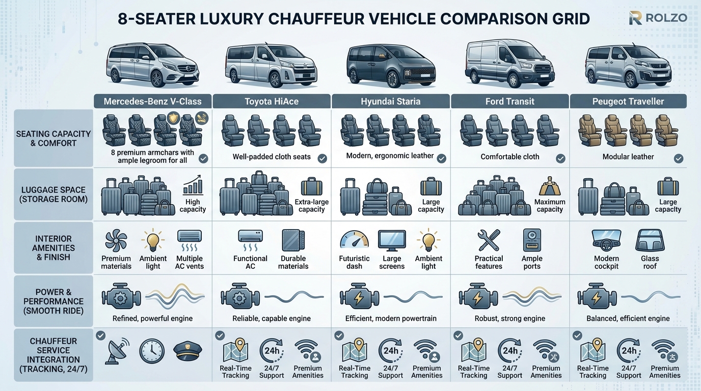 Visual comparison grid showing different 8-seater vehicle models (Mercedes-Benz V-Class, Toyota HiAce, Hyundai Staria, Ford Transit, Peugeot Traveller) with key features and amenities listed for each