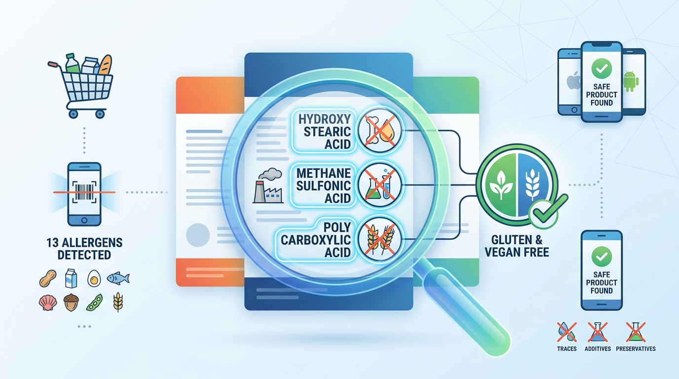 Infographic showing examples of 'hidden' ingredients with magnifying glass highlighting complex chemical names (hydroxy stearic acid, methane sulfonic acid, poly carboxylic acid) with icons indicating their potential gluten or animal-derived sources