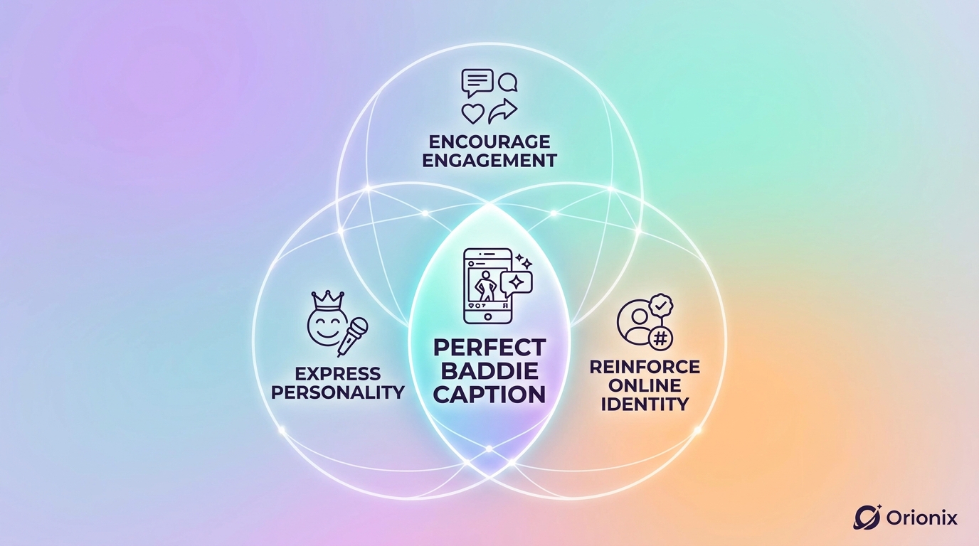 Venn diagram or concept graphic showing the three things the best captions accomplish: express personality, encourage engagement, and reinforce online identity, converging at the center as the 'perfect baddie caption'