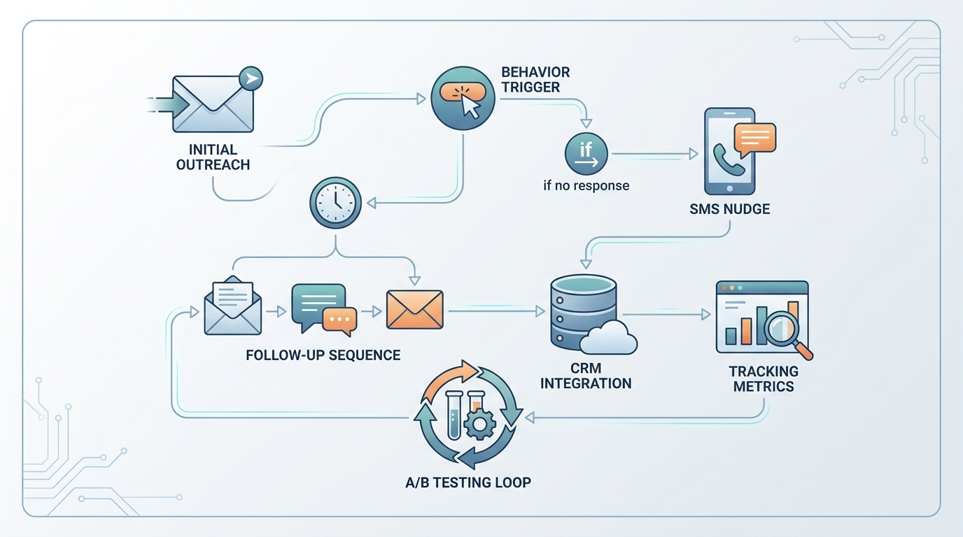 Workflow diagram showing automated outreach sequence: initial email → behavior trigger → follow-up sequence → CRM integration → tracking metrics → A/B testing loop