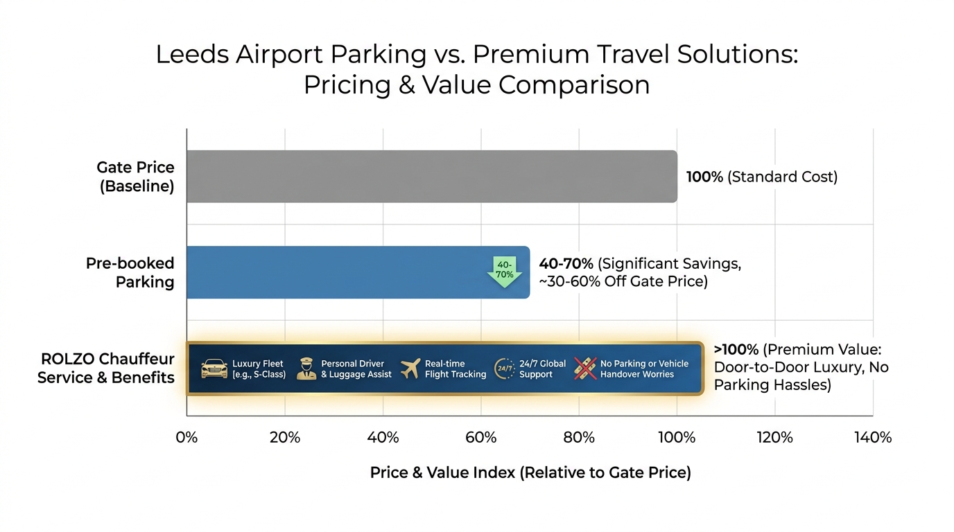Bar chart comparing three pricing scenarios: Gate price (baseline 100%), Pre-booked parking (30-60% savings), and ROLZO chauffeur service with value-added benefits highlighted