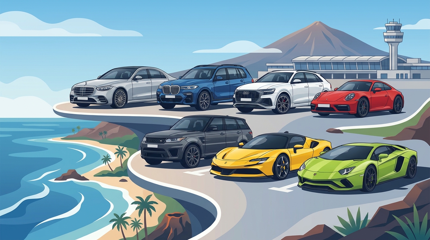 Showcase collage of luxury vehicle brands available (Mercedes-Benz, BMW, Audi, Porsche, Range Rover, Ferrari, Lamborghini) parked at a scenic Tenerife backdrop