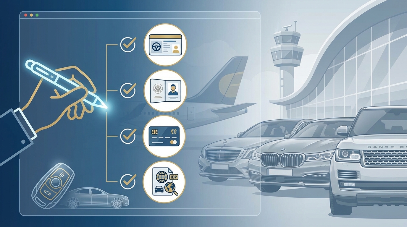 Infographic checklist showing required documents: driver's license, passport/ID, credit card, and International Driving Permit for non-EU visitors
