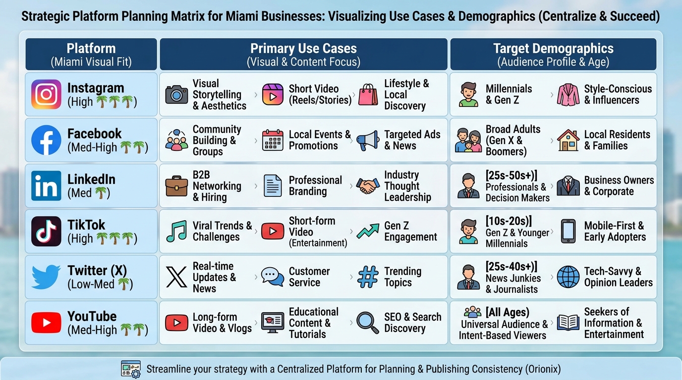 Comparison chart or matrix showing recommended social media platforms for Miami businesses (Instagram, Facebook, LinkedIn, TikTok, Twitter, YouTube) with their primary use cases and target demographics