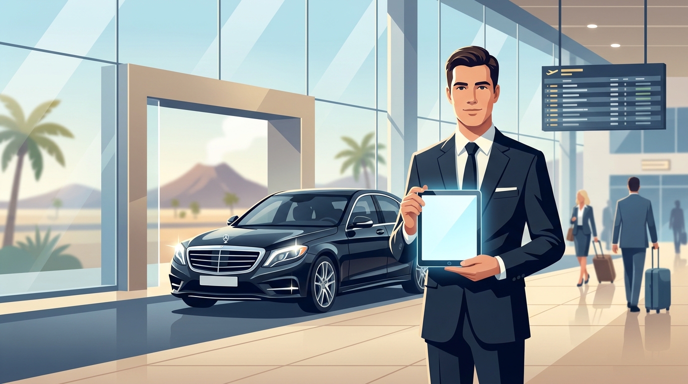 Hero-style image of a luxury chauffeur in professional attire holding a welcome sign at Fuerteventura Airport arrivals, with a premium vehicle (Mercedes-Benz S-Class or V-Class) in the background