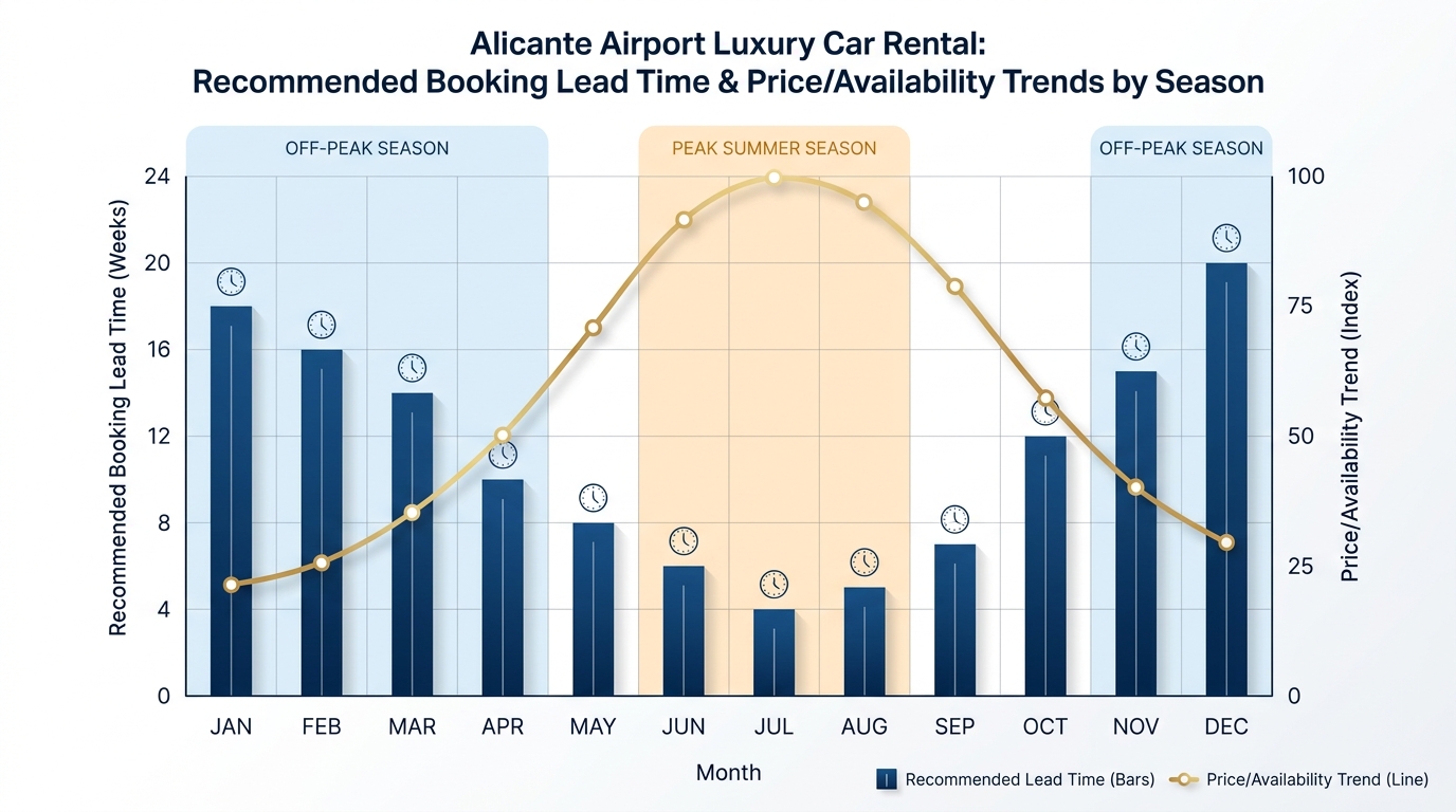 A line or bar graph illustrating recommended booking lead time and price/availability trends across seasons, highlighting peak summer months versus off-peak periods