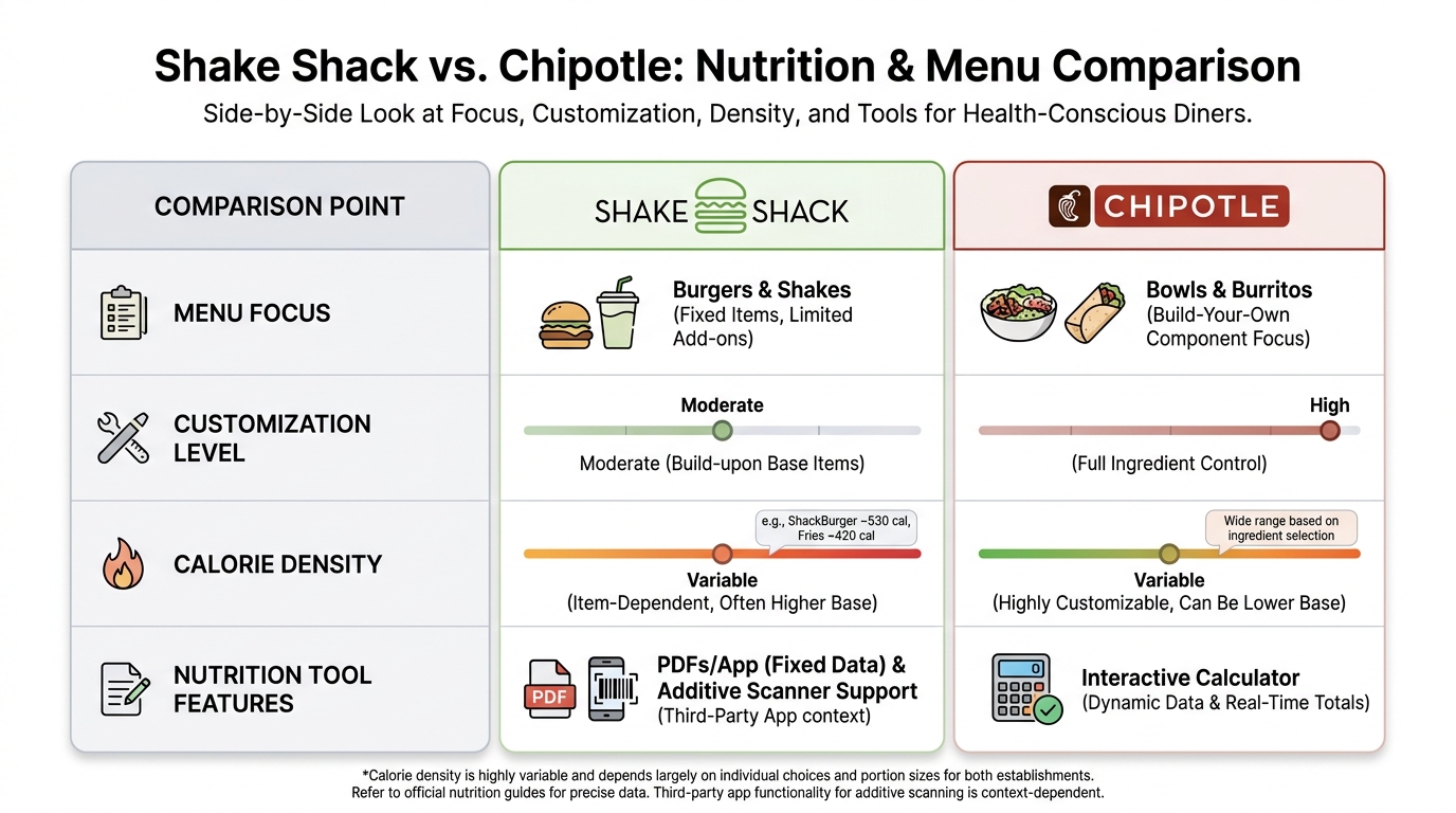 Side-by-side comparison table showing Shake Shack vs Chipotle: menu focus (burgers/shakes vs bowls/burritos), customization level, calorie density, and nutrition tool features