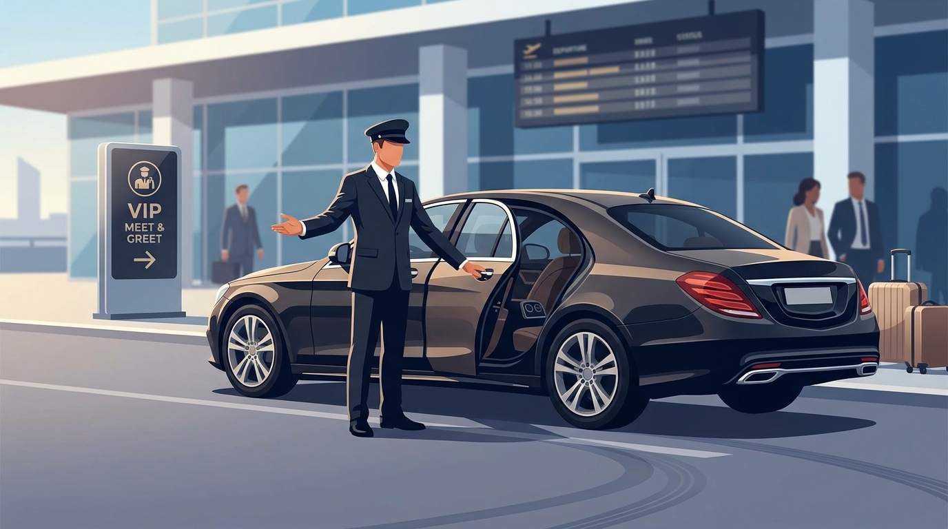 Hero illustration depicting a professional chauffeur in a suit opening the door of a luxury vehicle at an airport terminal, with a VIP Meet & Greet sign visible, conveying premium ground transportation