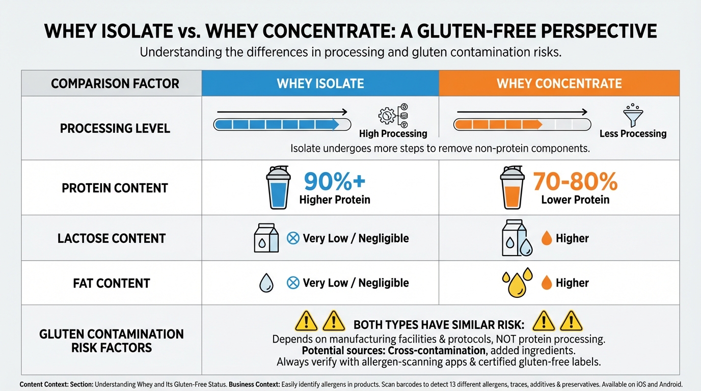 Side-by-side comparison table of whey isolate vs whey concentrate showing: processing level, protein content, lactose content, fat content, and gluten contamination risk factors