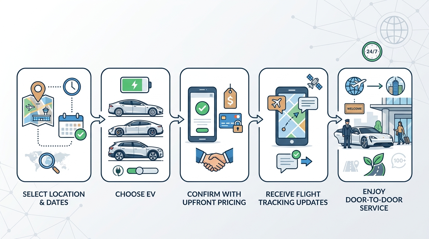 Step-by-step infographic showing the ROLZO booking process: select location/dates, choose EV, confirm with upfront pricing, receive flight tracking updates, enjoy door-to-door service