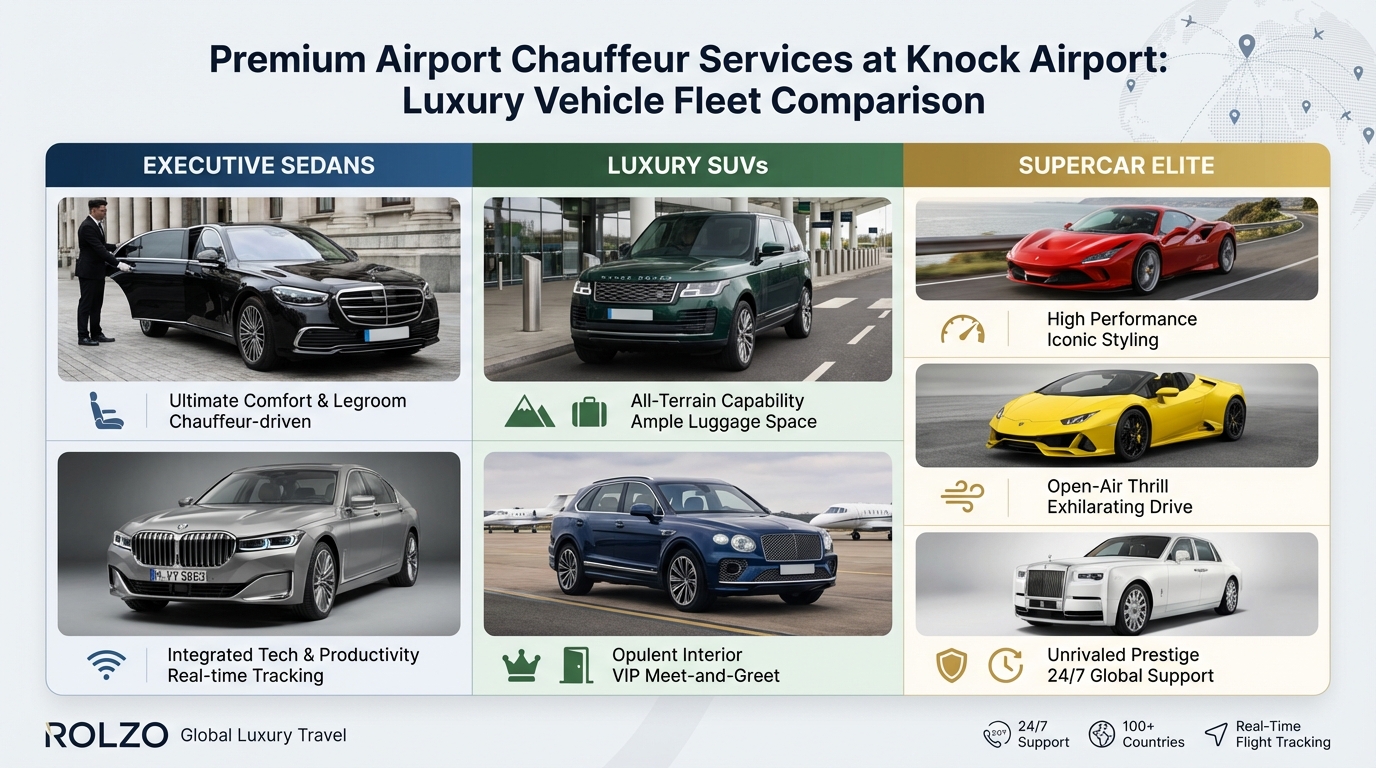Visual grid or comparison chart showcasing the luxury vehicle fleet - images of Mercedes-Benz S-Class, BMW 7 Series, Range Rover, Ferrari, Lamborghini, Rolls-Royce, and Bentley with key features or categories (Executive Sedans, Luxury SUVs, Supercars)