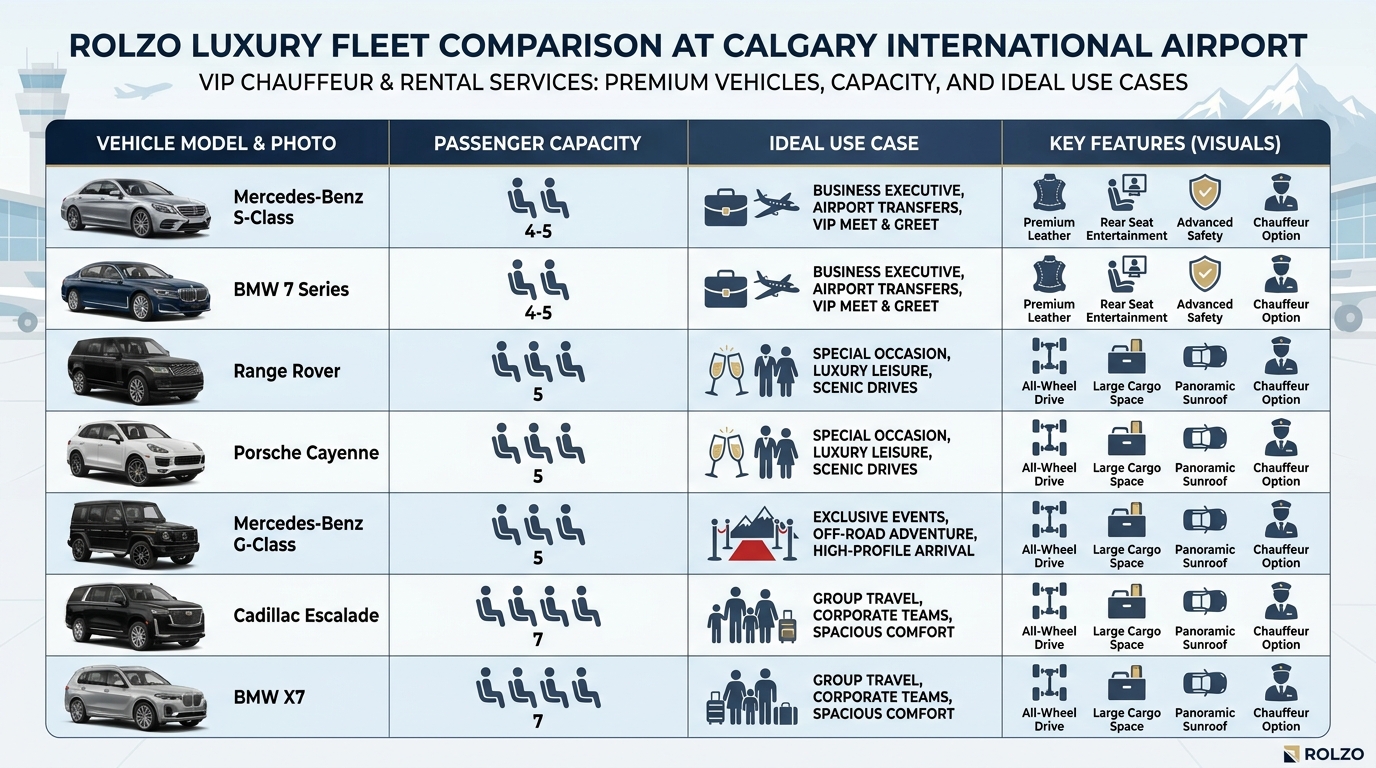 Comparison table or visual grid of the luxury fleet (Mercedes-Benz S-Class & G-Class, BMW 7 Series & X7, Range Rover, Cadillac Escalade, Porsche Cayenne) with icons/photos, passenger capacity, and ideal use case (business, special occasion, group travel).