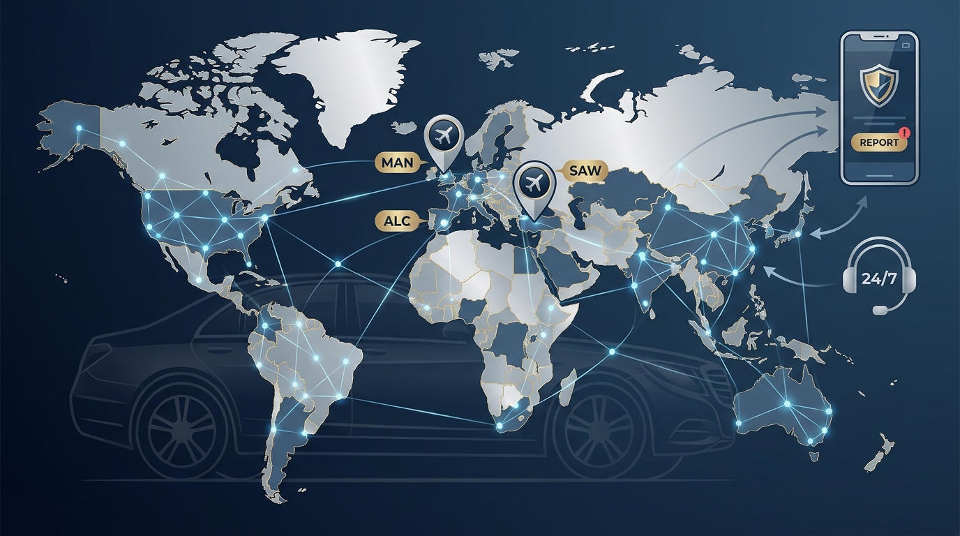 A world map highlighting ROLZO's global coverage across 100+ countries, with pins marking example airports mentioned (Manchester Airport, Alicante Airport in Spain, Sabiha Gökçen Airport in Istanbul)