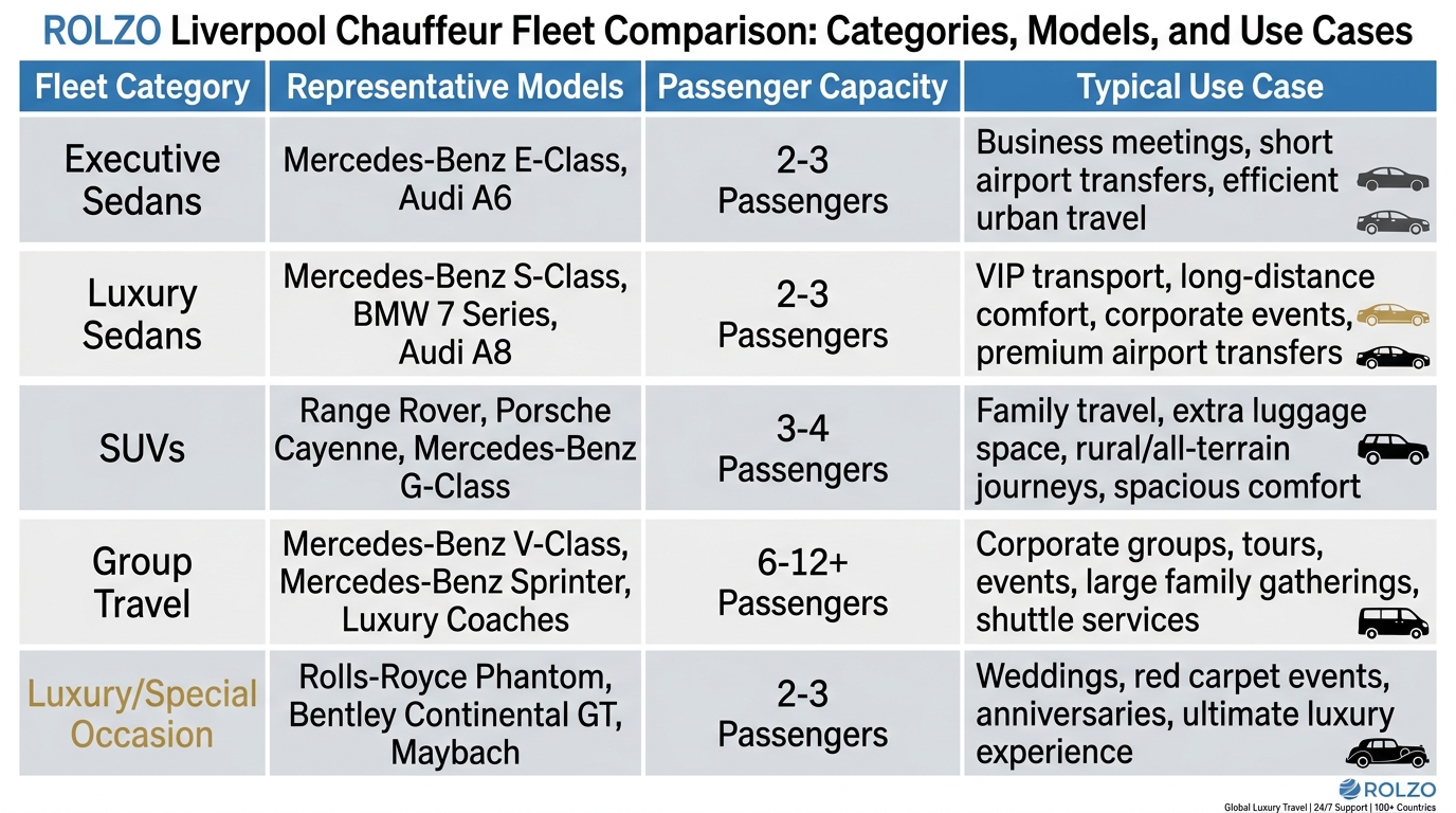Comparison table showing the fleet lineup by category (Executive Sedans, Luxury Sedans, SUVs, Group Travel, and Luxury/Special Occasion) with representative models such as Mercedes-Benz E-Class, S-Class, BMW 7 Series, Range Rover, V-Class/Sprinter, Rolls-Royce Phantom, and Bentley Continental GT, along with passenger capacity and typical use case.