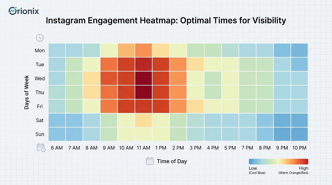 Heat map or bar chart showing Instagram engagement levels by day of week and time of day, highlighting peak times (Tuesday-Friday, 9 AM-1 PM, with 11 AM peak)